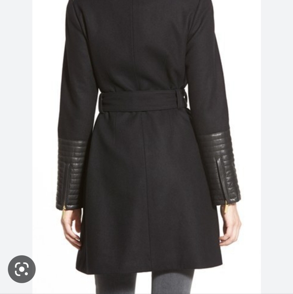 Badgley Mischka Belle lorian black wool coat faux leather belted sz S - Picture 3 of 8